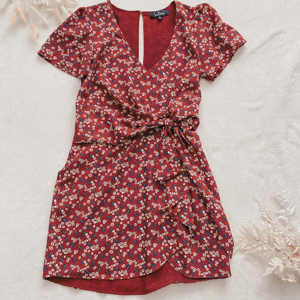 NWOT Lulus Floral Support Wine Red Floral Print Knotted Dress